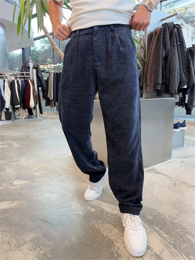 Lacivert Metalik Kumaş Pileli Pantolon KP026