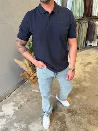 Lacivert Minimal Baskılı Yakalı T-Shirt NWP10004