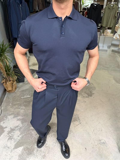 Lacivert Pamuk Elmas Kumaş Premium Kalite Yakalı T-Shirt SNZ1015