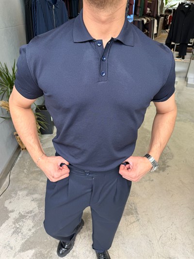Lacivert Pamuk Elmas Kumaş Premium Kalite Yakalı T-Shirt SNZ1015