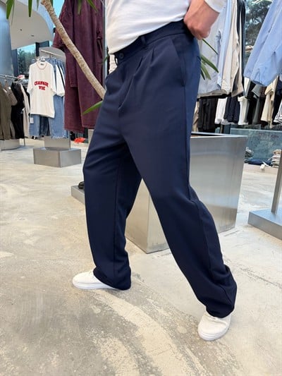Lacivert Pileli Baggy Kumaş Pantolon -S4032