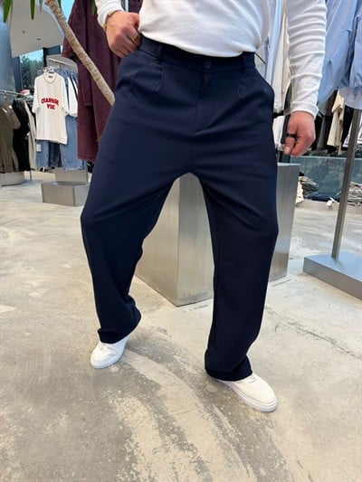 Lacivert Pileli Baggy Kumaş Pantolon -S4032