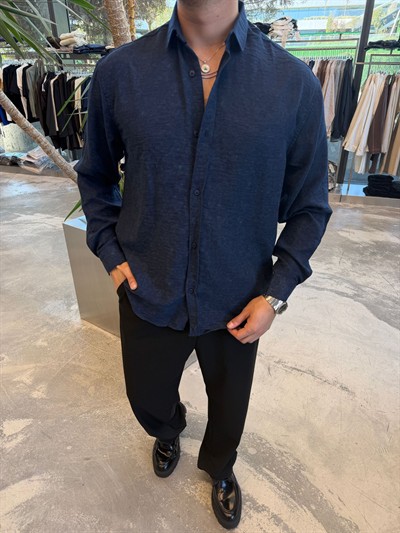 Lacivert Yıkamalı Keten Gömlek -E40-71