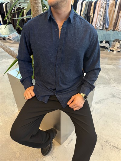 Lacivert Yıkamalı Keten Gömlek -E40-71