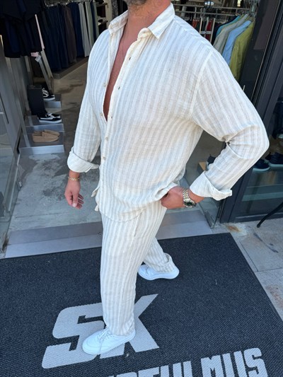 Linen Kumaş Kendinden Çizgi Detaylı Takım MRK2544