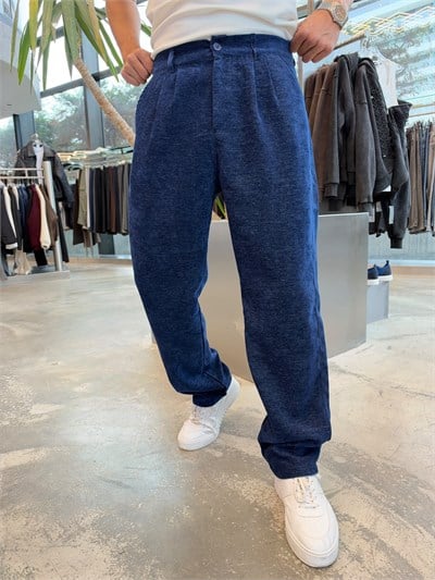 Mavi Metalik Kumaş Pileli Pantolon KP026
