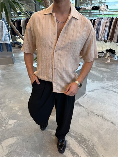 Pembe Kısa Kollu Çizgili Keten Gömlek E40-34