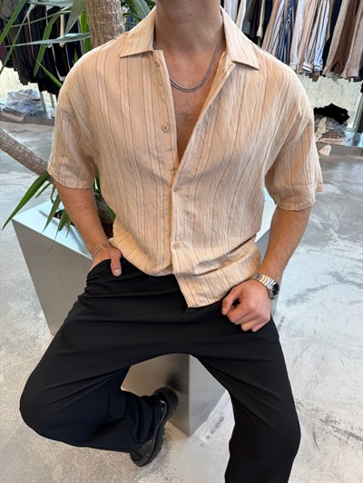 Pembe Kısa Kollu Çizgili Keten Gömlek E40-34