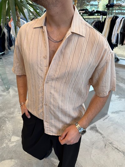 Pembe Kısa Kollu Çizgili Keten Gömlek E40-34