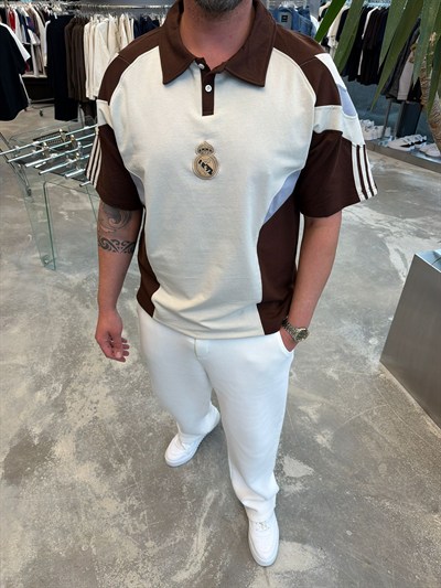 RM Beyaz-Kahve Polo Yaka Forma T-Shirt