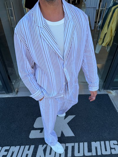 RT Bordo Çizgili Keten Oversize Takım RT0150
