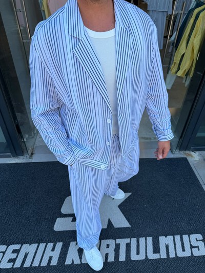 RT Lacivert Çizgili Keten Oversize Takım RT0150