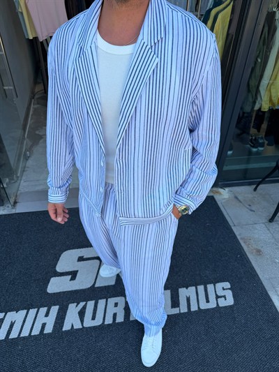 RT Lacivert Çizgili Keten Oversize Takım RT0150