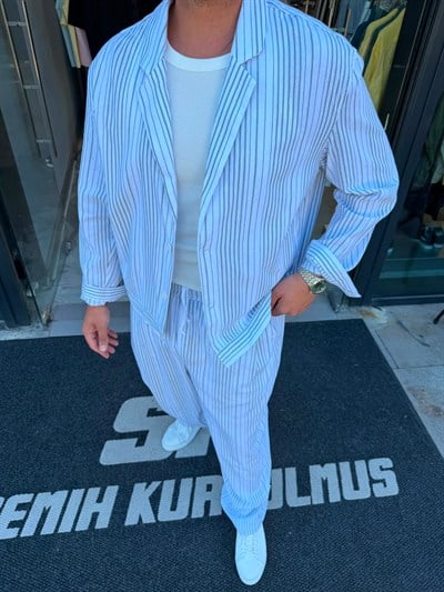 RT Yeşil Çizgili Keten Oversize Takım RT0150