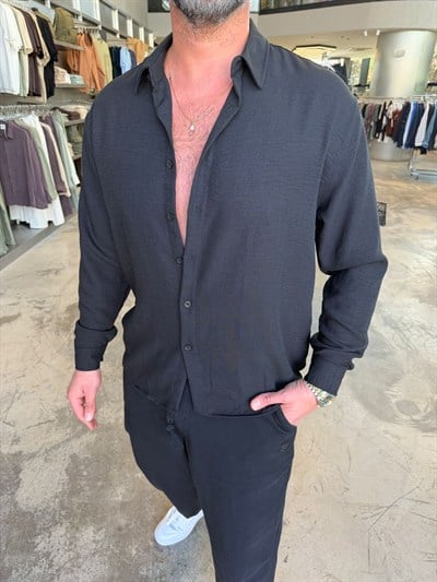 Siyah Bambu Keten Gömlek SPF5005