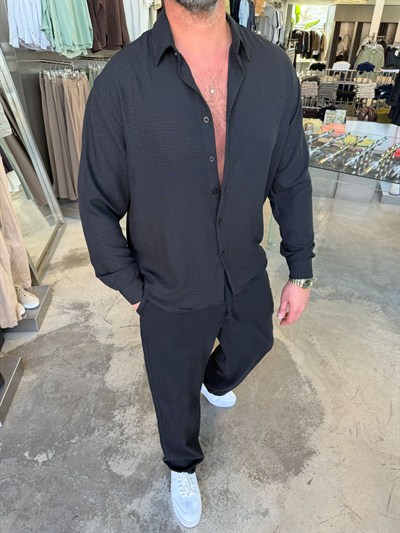 Siyah Bambu Keten Gömlek SPF5005