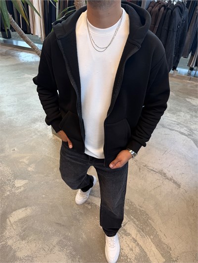 Siyah Basic Fermuarlı Kapişonlu Sweat SP78
