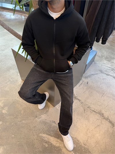 Siyah Basic Fermuarlı Kapişonlu Sweat SP78