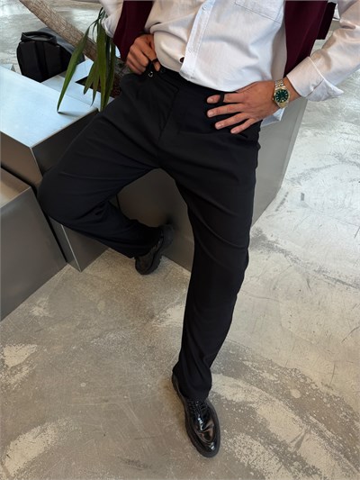 Siyah Bel Lastik Tek Düğme Regular Pantolon W5121