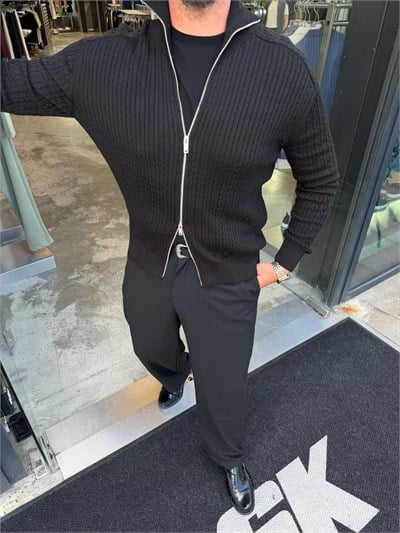 Siyah Çelik Örme Çift Fermuar Hırka MR2850