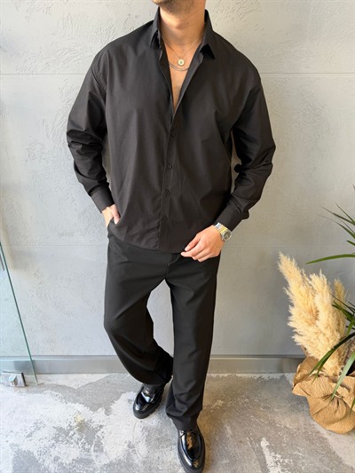 Siyah Darcon PoliPamuk Gömlek -R4012