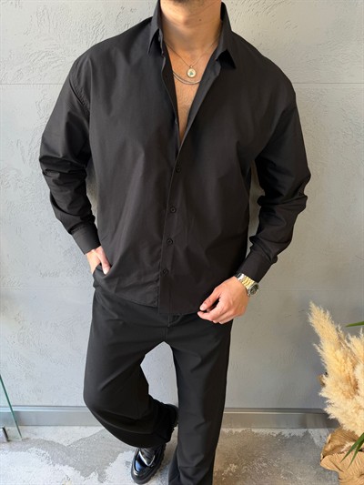 Siyah Darcon PoliPamuk Gömlek -R4012