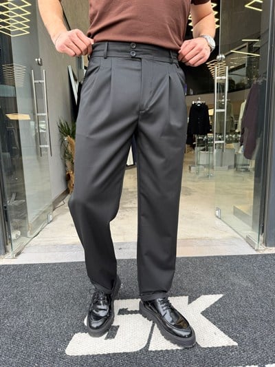 Siyah Double Paça Premium Kalite Çift Düğmeli Pantolon -RT4017