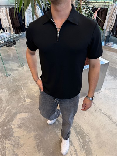 Siyah Fermuarlı Yakalı Modal T-Shirt -SPF3040
