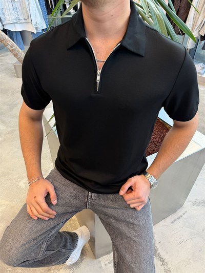 Siyah Fermuarlı Yakalı Modal T-Shirt -SPF3040