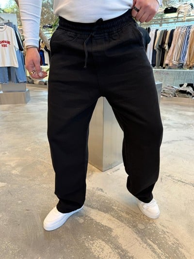 Siyah Gabardin Kumaş Baggy Pantolon -W860