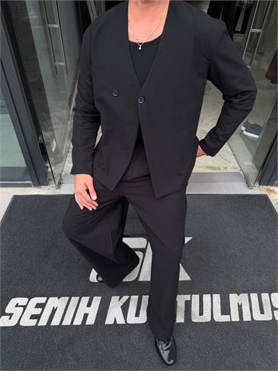 Siyah Gabardin Tek Düğme İspanyol Takım EK24