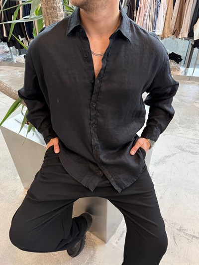 Siyah GG Ham Keten Gömlek -G5706