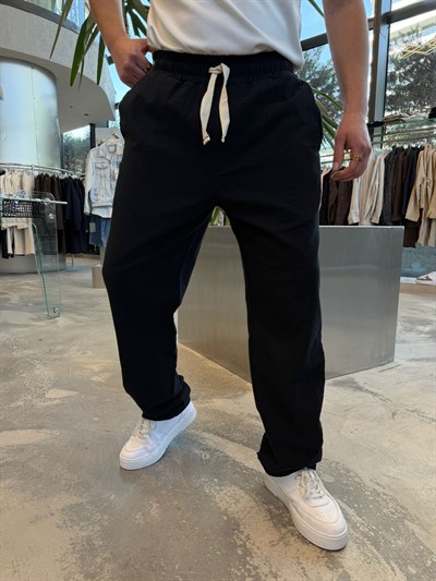Siyah GG Logolu Keten Baggy Pantolon