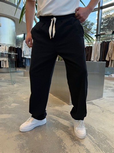 Siyah GG Logolu Keten Baggy Pantolon