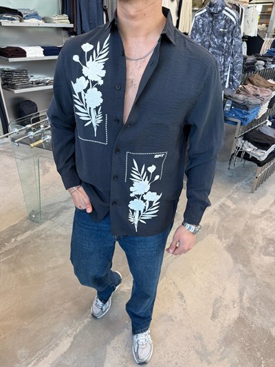 Siyah Kadife Baskılı Gömlek