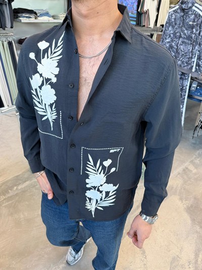 Siyah Kadife Baskılı Gömlek