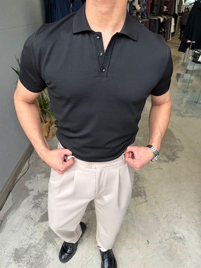 Siyah Pamuk Elmas Kumaş Premium Kalite Yakalı T-Shirt SNZ1015