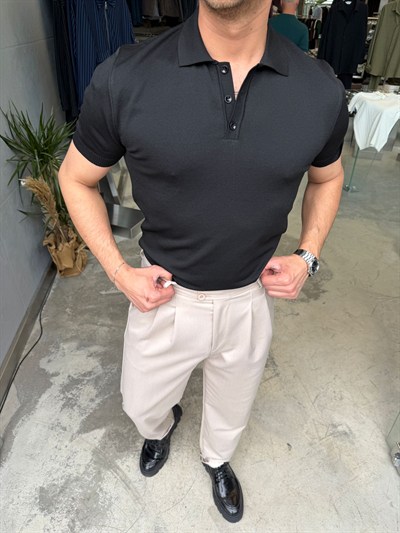 Siyah Pamuk Elmas Kumaş Premium Kalite Yakalı T-Shirt SNZ1015