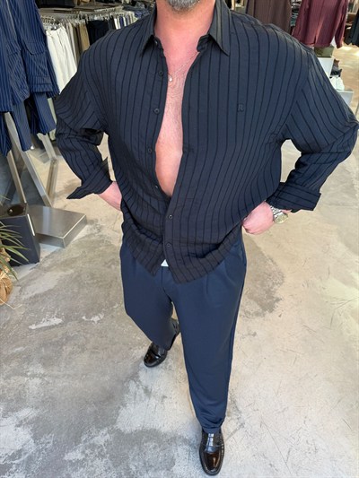 Siyah Pile Çizgili Gömlek RT7078