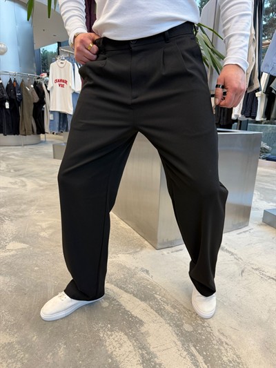 Siyah Pileli Baggy Kumaş Pantolon -S4032