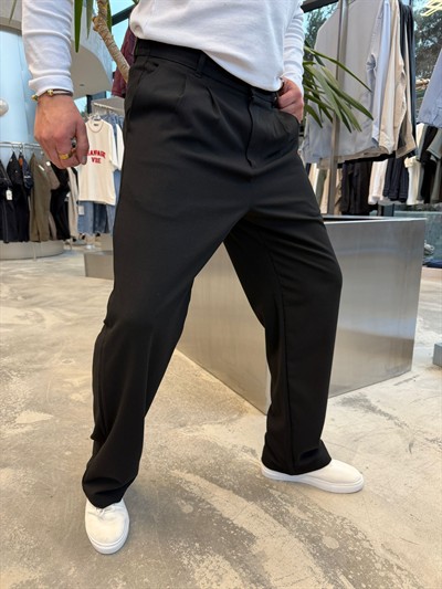 Siyah Pileli Baggy Kumaş Pantolon -S4032