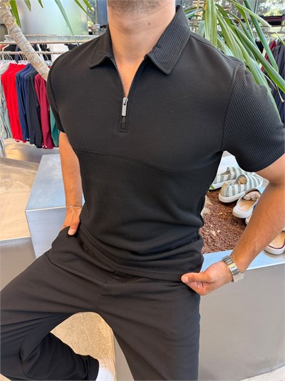 Siyah Polo Yaka Fitilli T-Shirt