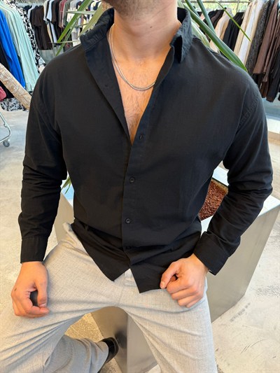 Siyah SNZ Flam Keten Gömlek 