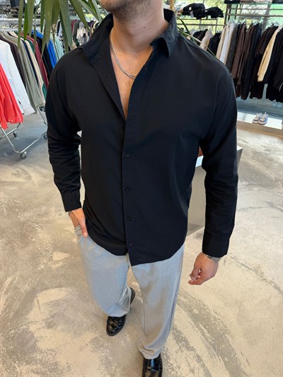 Siyah SNZ Flam Keten Gömlek 