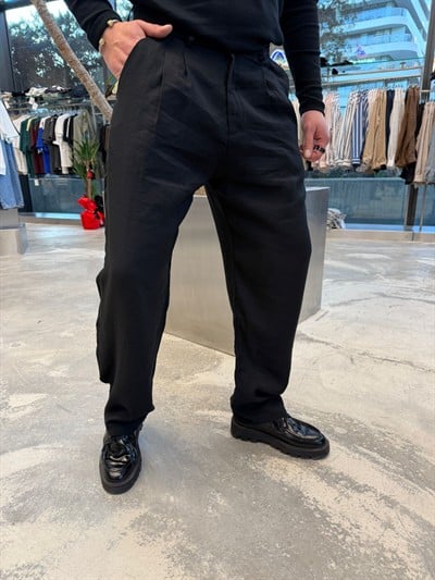 Siyah Tensel Kumaş Baggy Pantolon -W5039