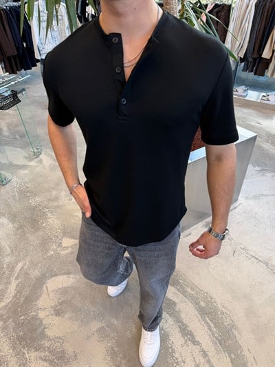 Siyah Yaka Düğmeli Modal T-Shirt -SPF3045