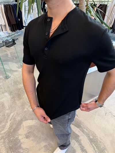 Siyah Yaka Düğmeli Modal T-Shirt -SPF3045