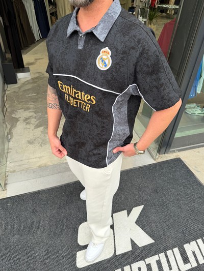 Siyah Yıkamalı Forma T-Shirt