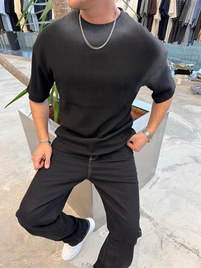Siyah Yıkamalı İthal Kumaş T-Shirt -E71-62
