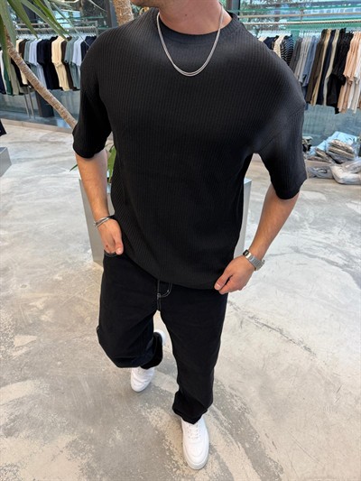 Siyah Yıkamalı İthal Kumaş T-Shirt -E71-62